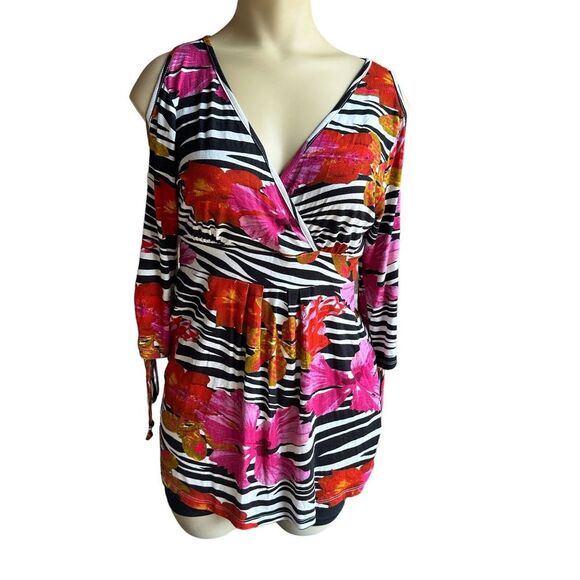 Boston Proper Shirt Cold Shoulder Zebra Floral Print‎ Multicolor Top Women's XS - Picture 1 of 10